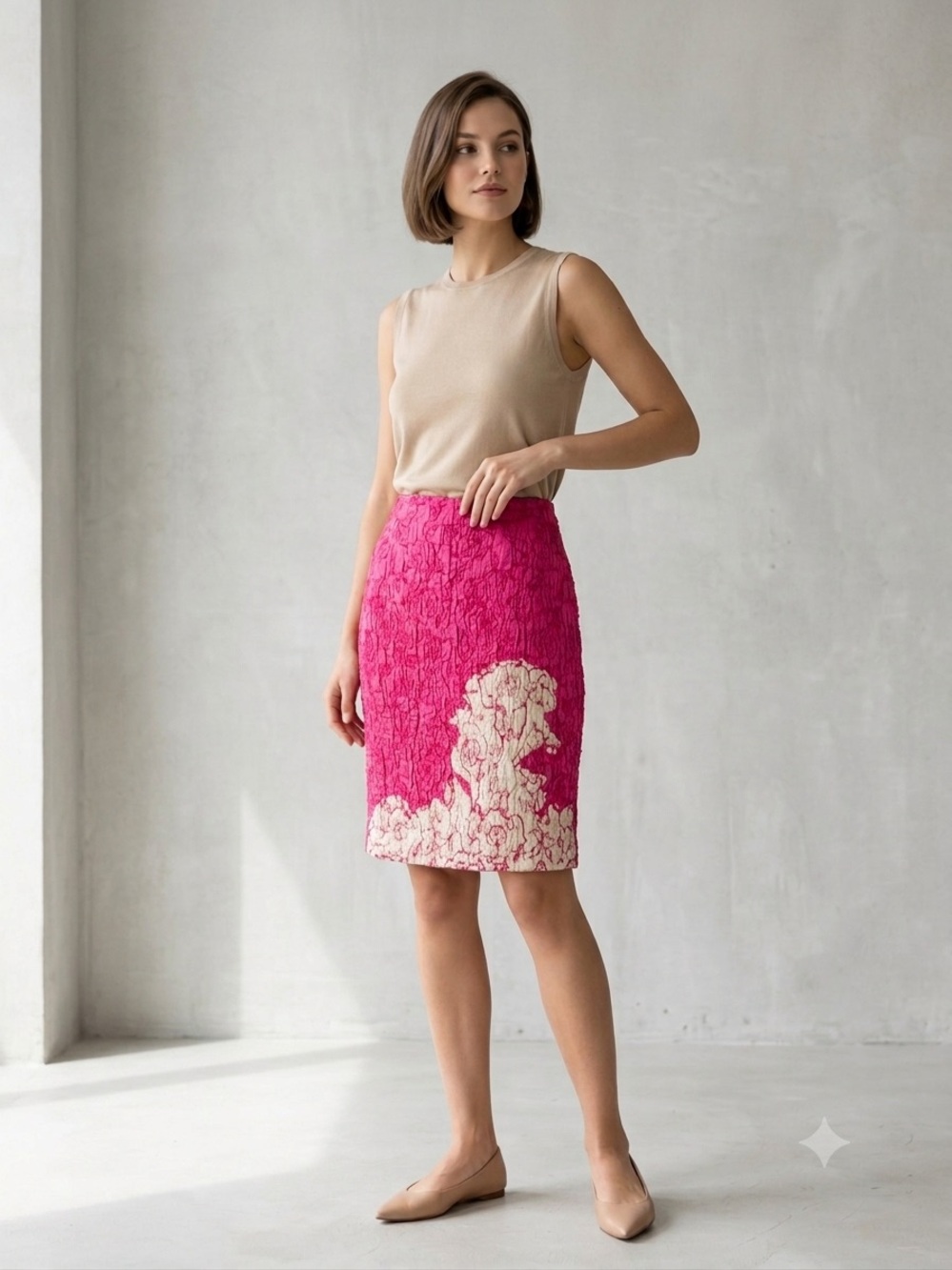 Christian Lacroix Vintage Pink Silk Blend Cloqué Matelassé Pencil Skirt FR 38